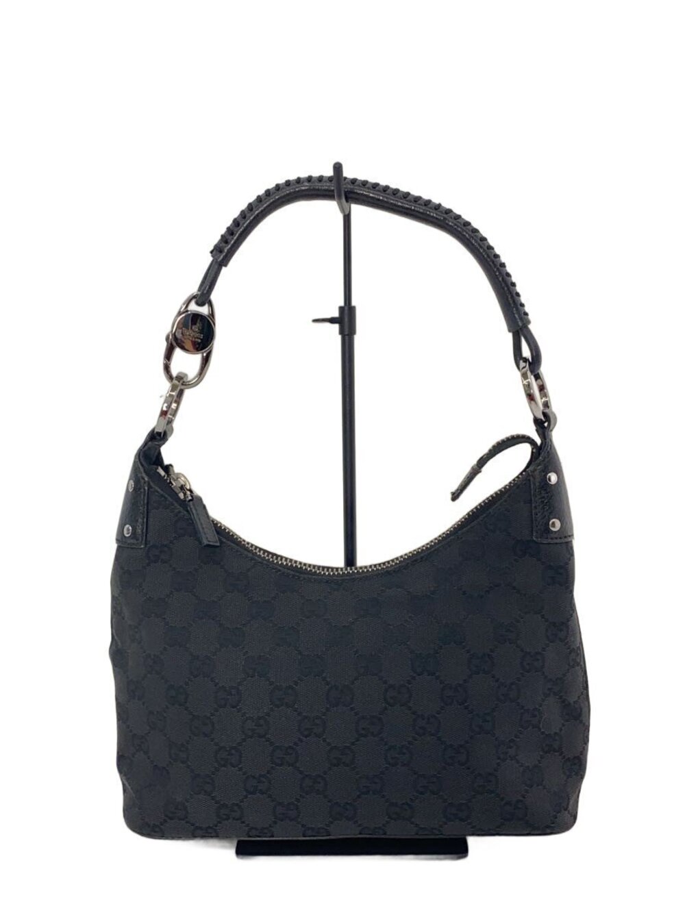 Gucci black GG monogram canvas hobo shoulder bag whipstitch leather